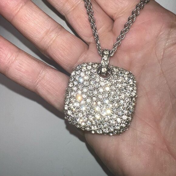 Double Strand Silver Tone Pave Crystal Pendant Statement Necklace - Picture 6 of 7